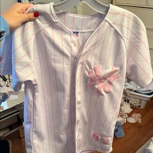 White and Pink Striped New York Baseball Jersey